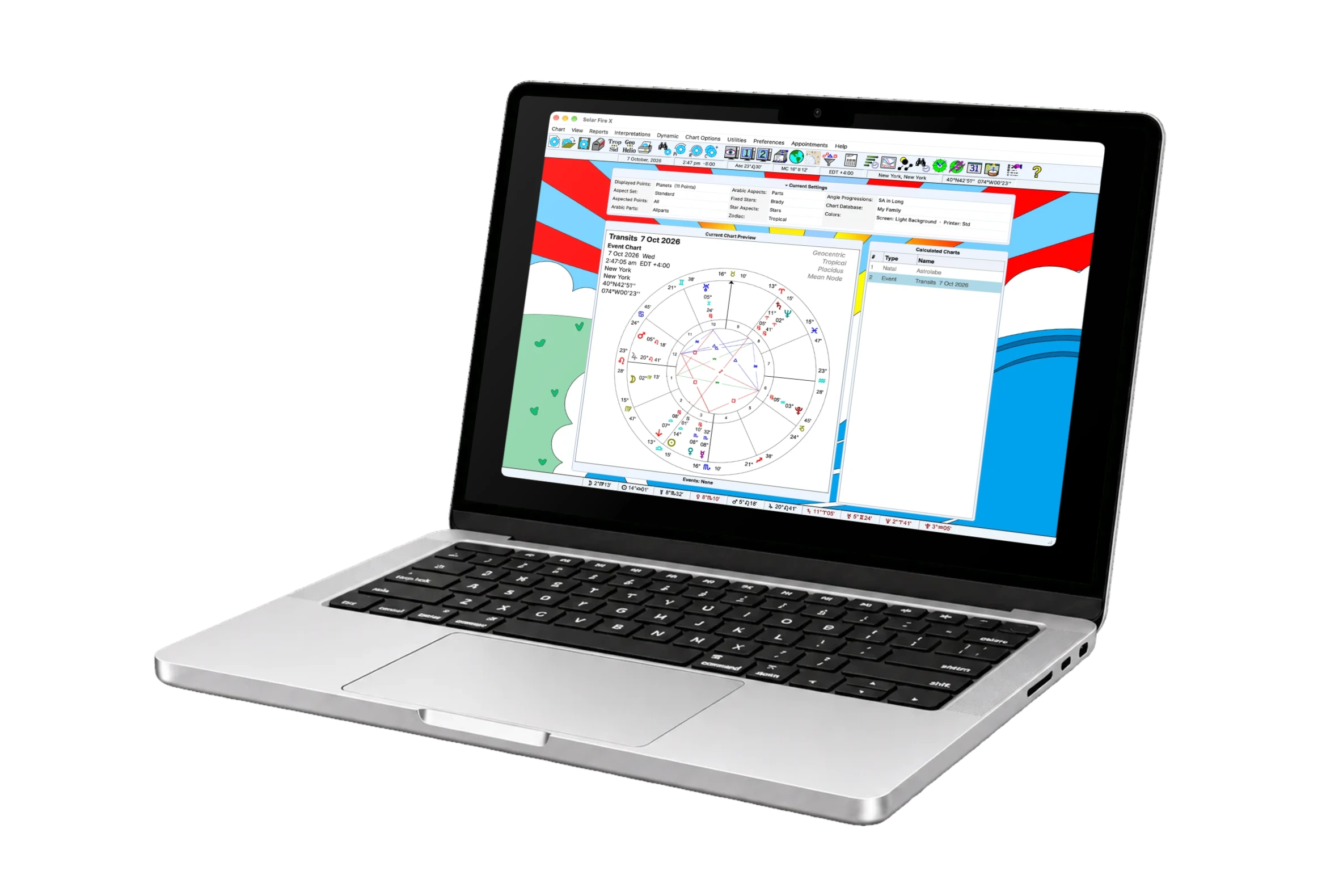 Silver MacBook in three-quarter view displaying the genuine Solar Fire X Mac workspace