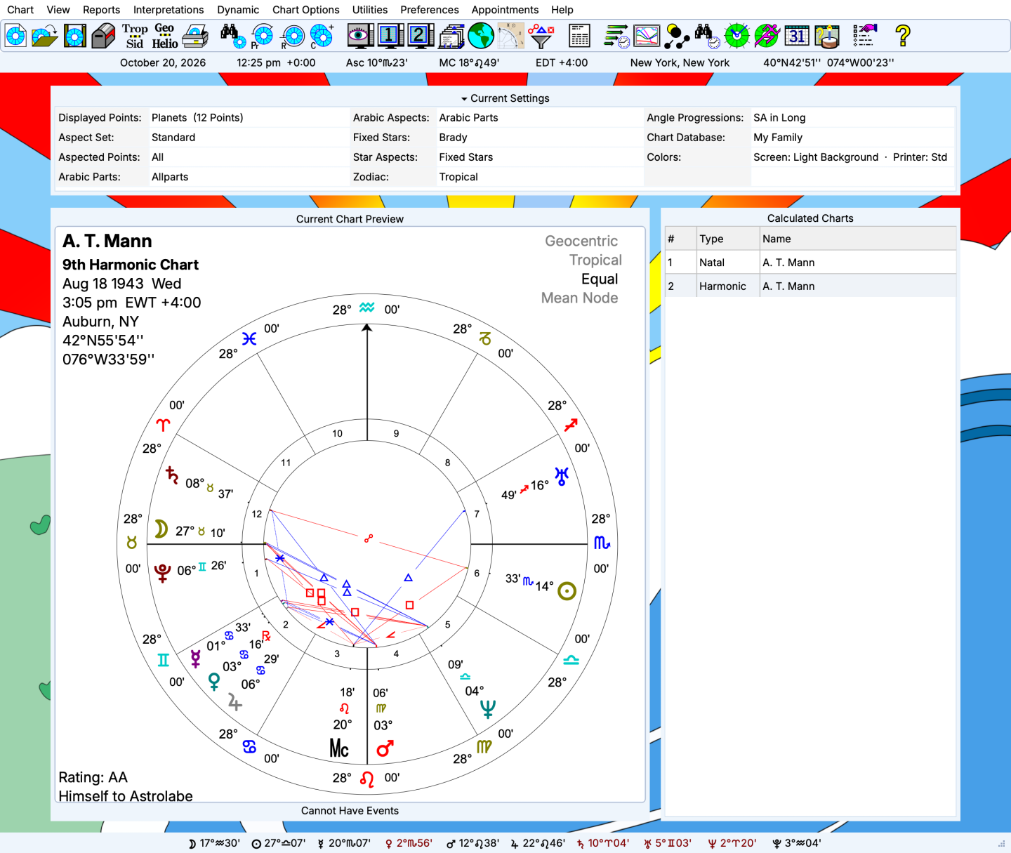 Solar Fire X workspace showing a calculated ninth-harmonic chart
