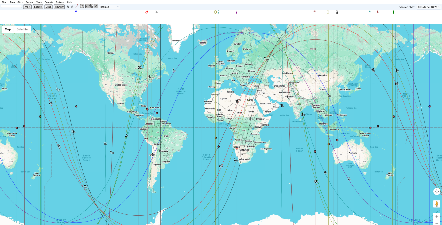 Solar Maps world map with angular planetary lines