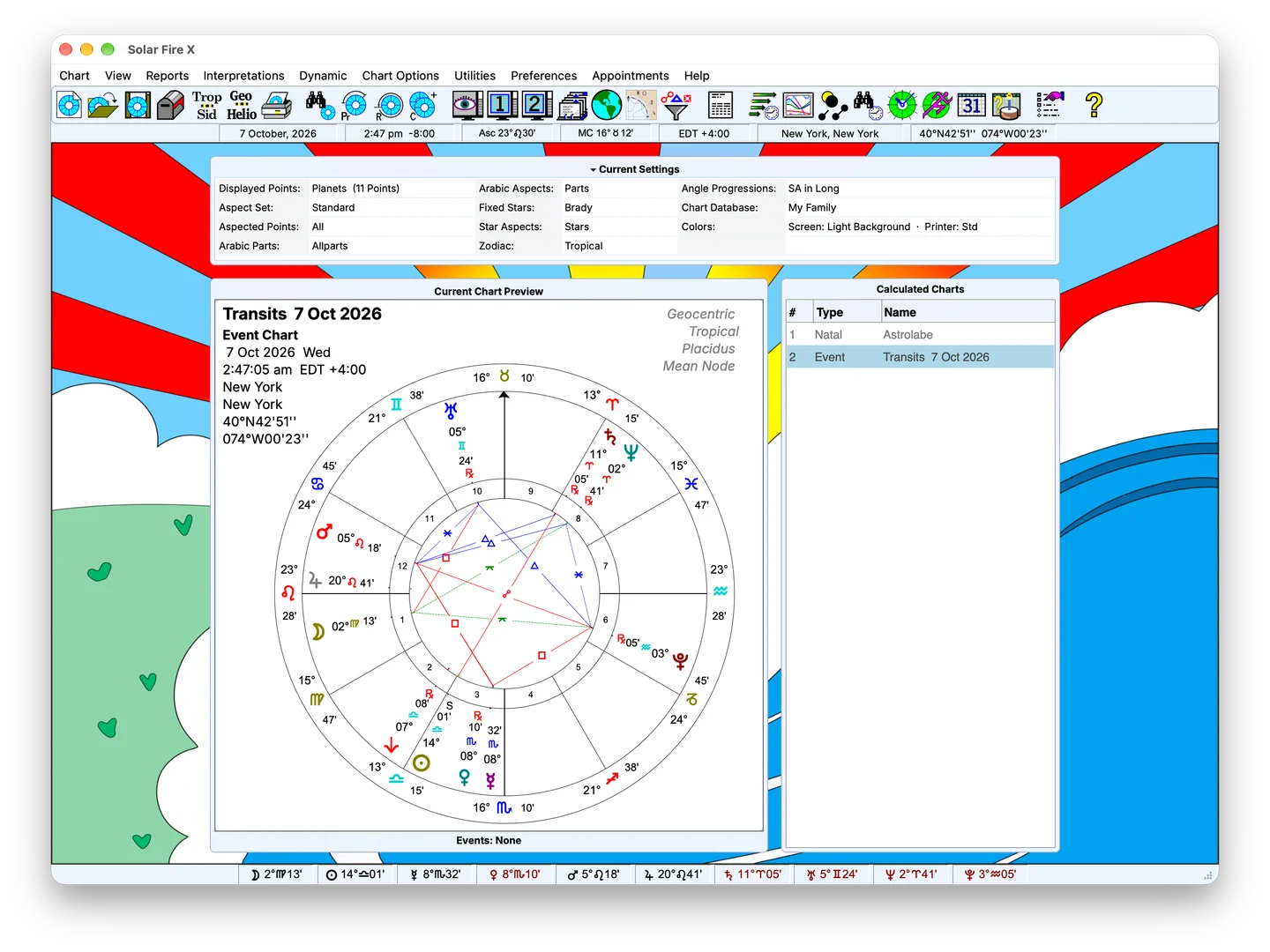 Solar Fire X main screen with menus, current settings, chart preview and calculated-chart list